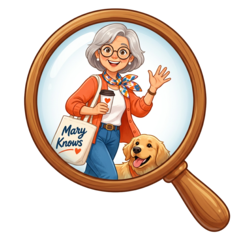 Mary searching through a magnifying glass with her dog, coffee, and Mary Knows tote bag